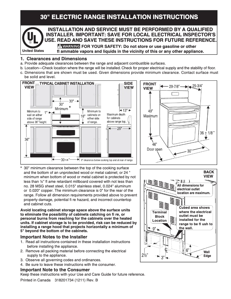 Page 1 of the manual Installation Guide Frigidaire FGEF300DNF