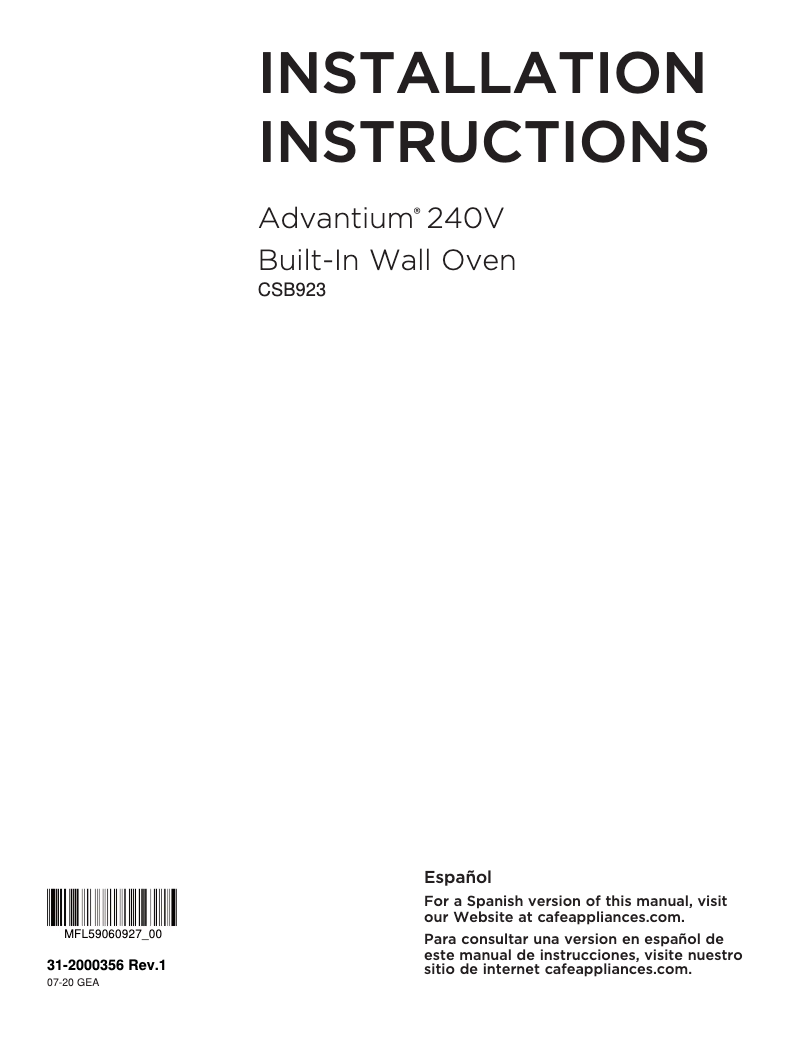 Page 1 of the manual Installation Guide GE Café CSB923P4NW2