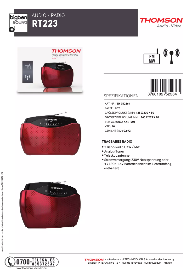 Page 1 of the manual Technical Sheet Thomson RT222