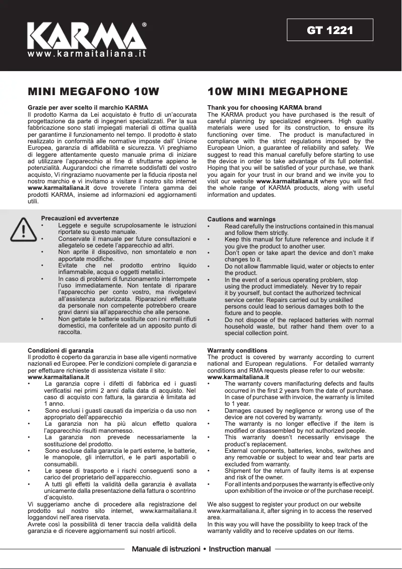 Page 1 of the manual User Manual Karma GT 1221
