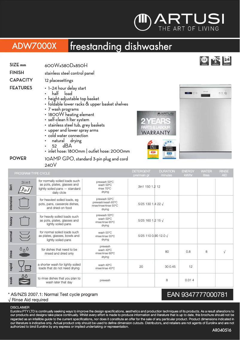 Page 1 of the manual Technical Sheet Artusi ADW7000X