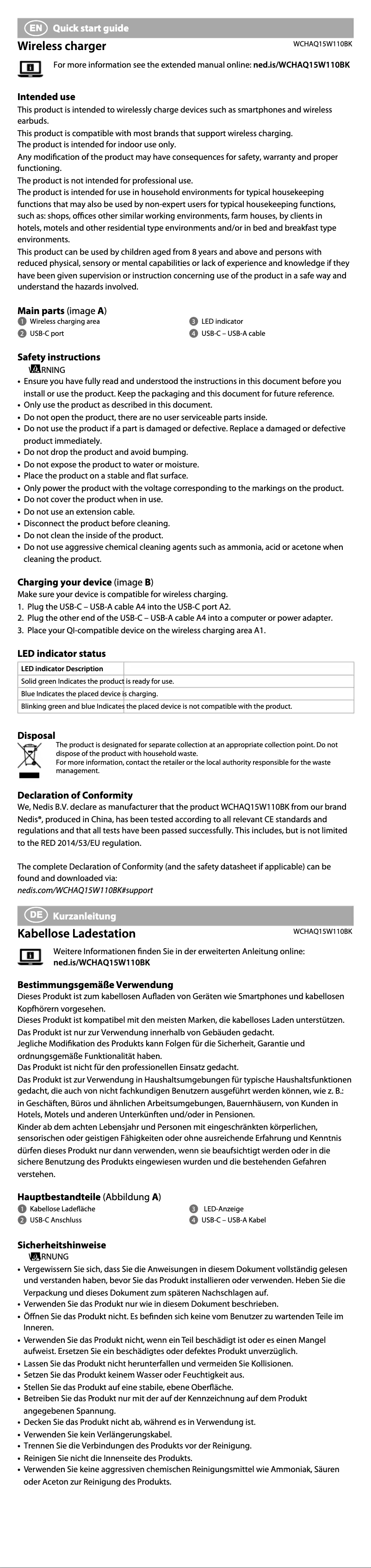 Page 1 of the manual User Manual Nedis WCHAQ15W110BK