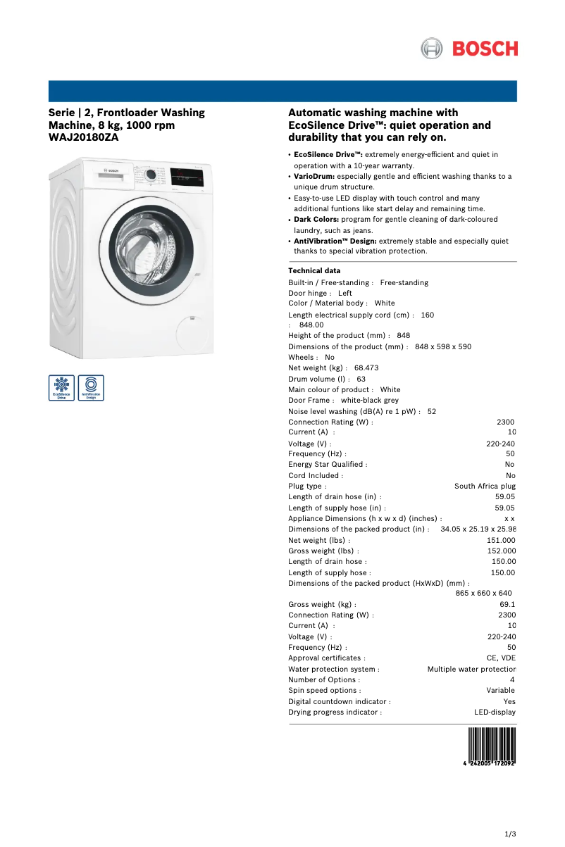 First page image of the manual for WAJ20180ZA