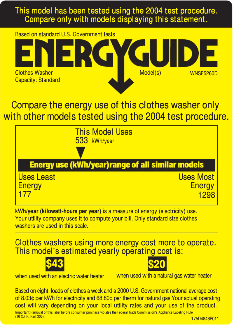 First page image of the manual for WNSE5260DWW