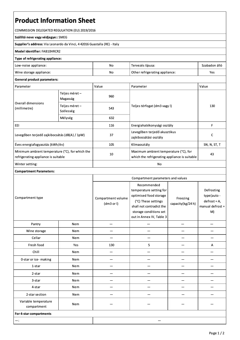 Page 1 of the manual Technical Sheet Smeg FAB10HRCR2