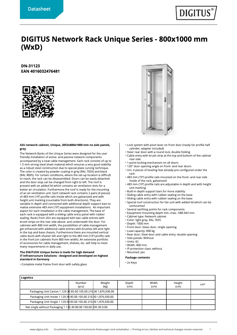 Page 1 of the manual Technical Sheet Digitus DN-31123