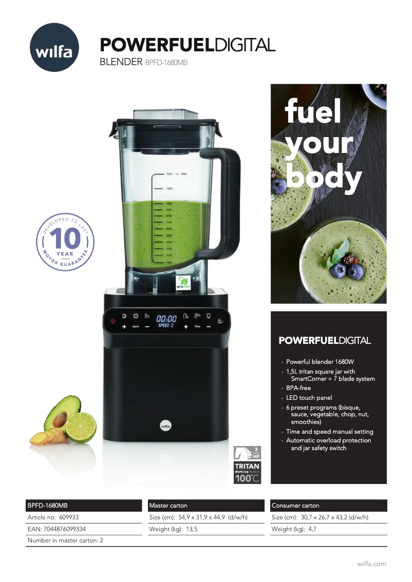 Page 1 de la notice Fiche technique Wilfa Power Fuel Digital BPFD-1680MB