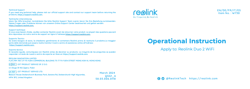 Page 1 de la notice Manuel utilisateur Reolink Duo 2 WiFi