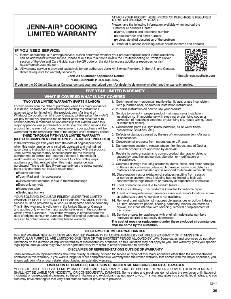 Page 1 of the manual Warranty Information JennAir JLRP430WP