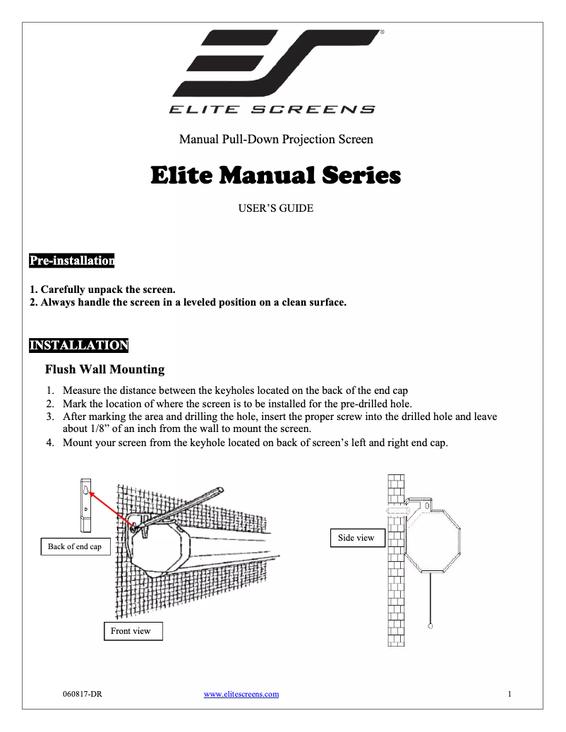 Page 1 of the manual User Manual Elite Screens M100UWV1