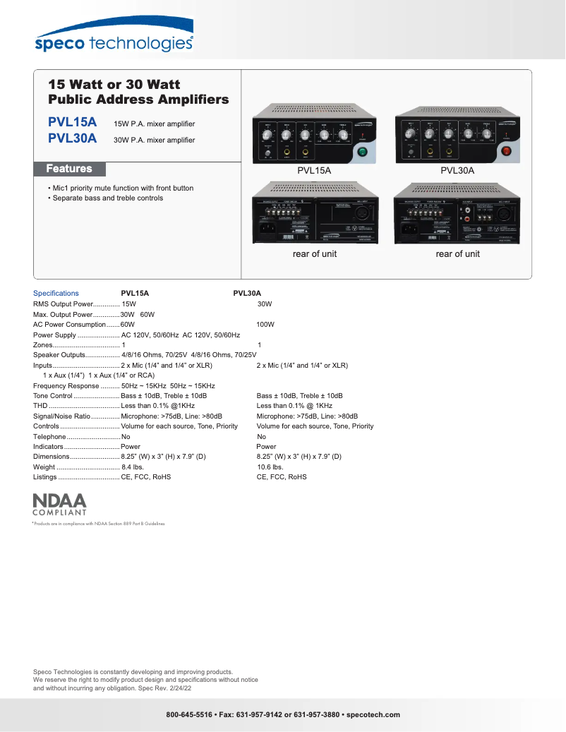 Page 1 of the manual Technical Sheet Speco Technologies PVL-30A