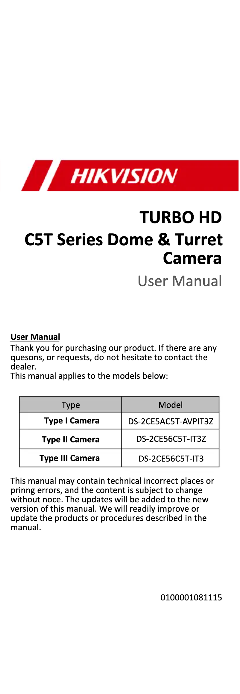 Page 1 of the manual User Manual Hikvision DS-2CE5AC5T-AVPIT3Z