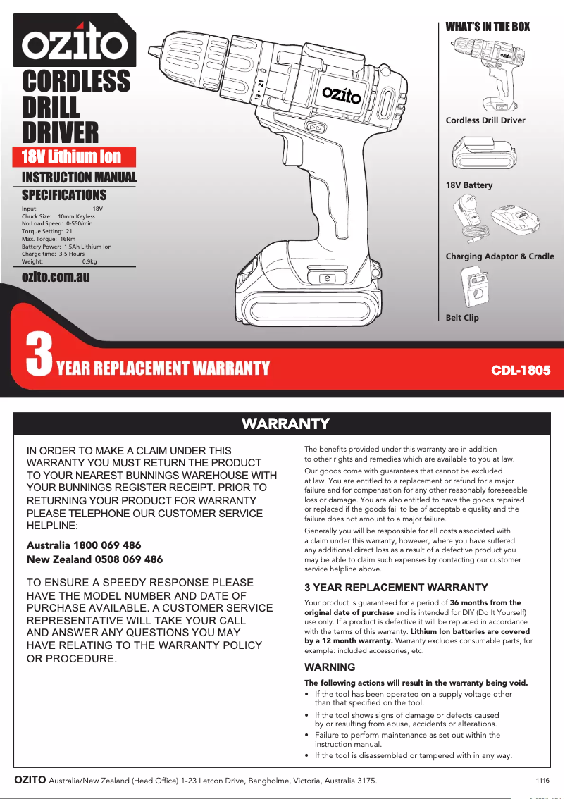 Page 1 of the manual Instruction Manual Ozito CDL-1805