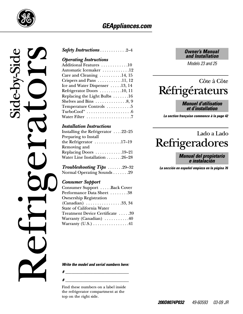 Page 1 of the manual Use and Maintenance Manual GE GSS25WSTSS