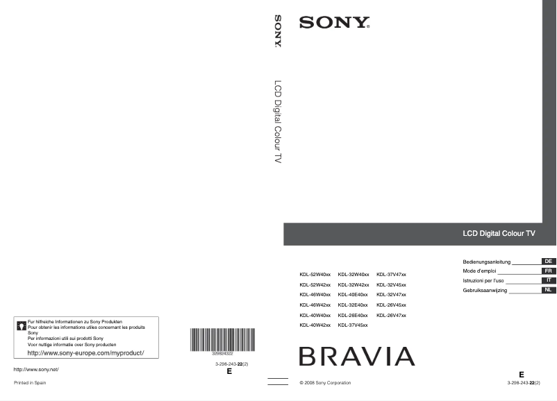 Page 1 of the manual User Manual Sony Bravia KDL-46W4220