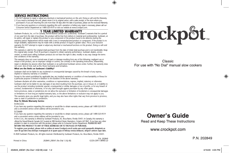 Page 1 of the manual User Manual Crock-Pot Classic SCR151-BP-BR