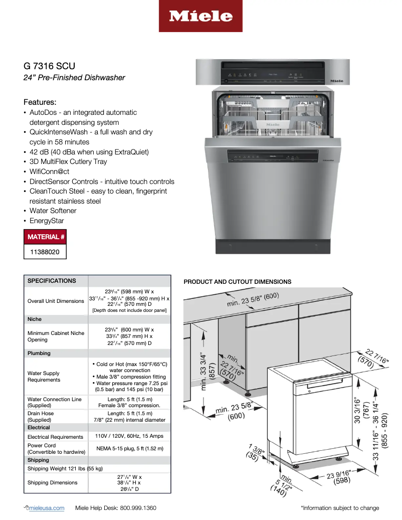 Page 1 of the manual Technical Sheet Miele G 7316 SCU