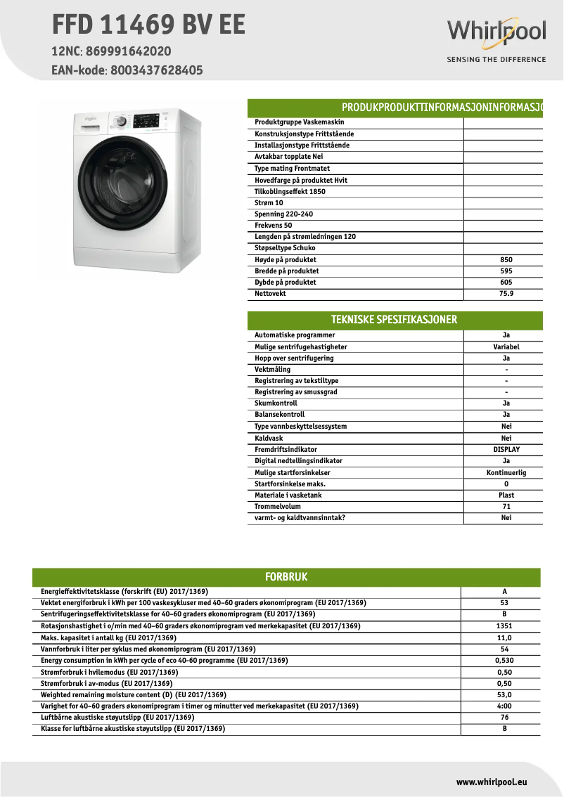 Page 1 of the manual Technical Sheet Whirlpool FFD 11469 BV EE