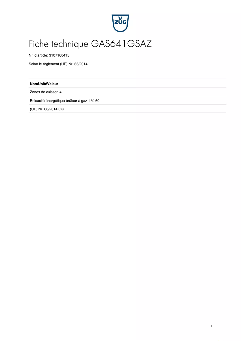 Page 1 of the manual Technical Sheet V-Zug GAS641GSAZ