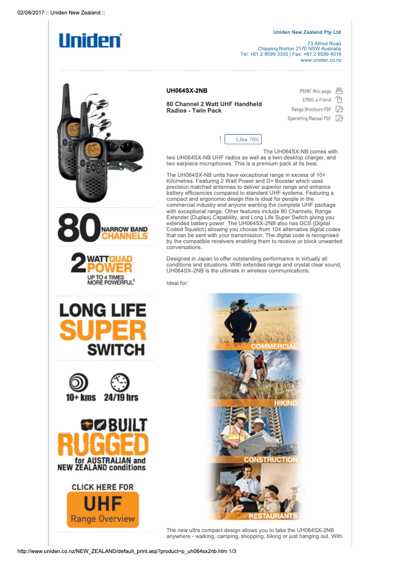 Page 1 of the manual User Manual Uniden UH064SX-2NB