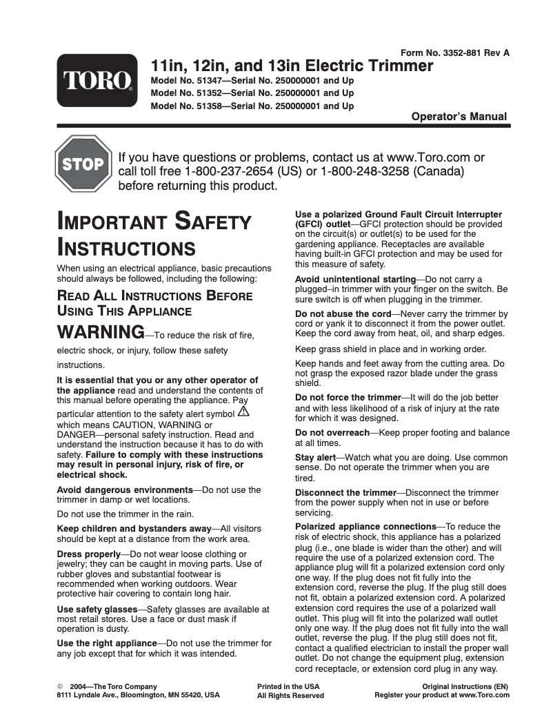 Page 1 of the manual User Manual Toro 51347