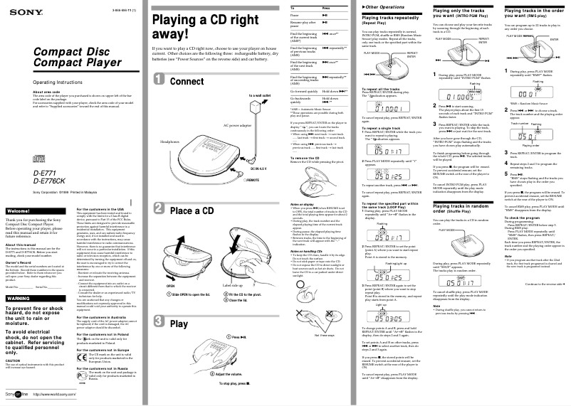 Page 1 of the manual User Manual Sony Discman D-E771