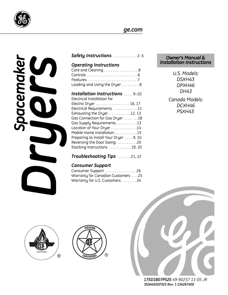 Page 1 of the manual Use and Maintenance Manual GE DSXH43GFWW