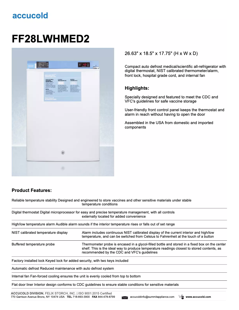 Page 1 of the manual Technical Sheet Summit Accucold FF28LWHMED2