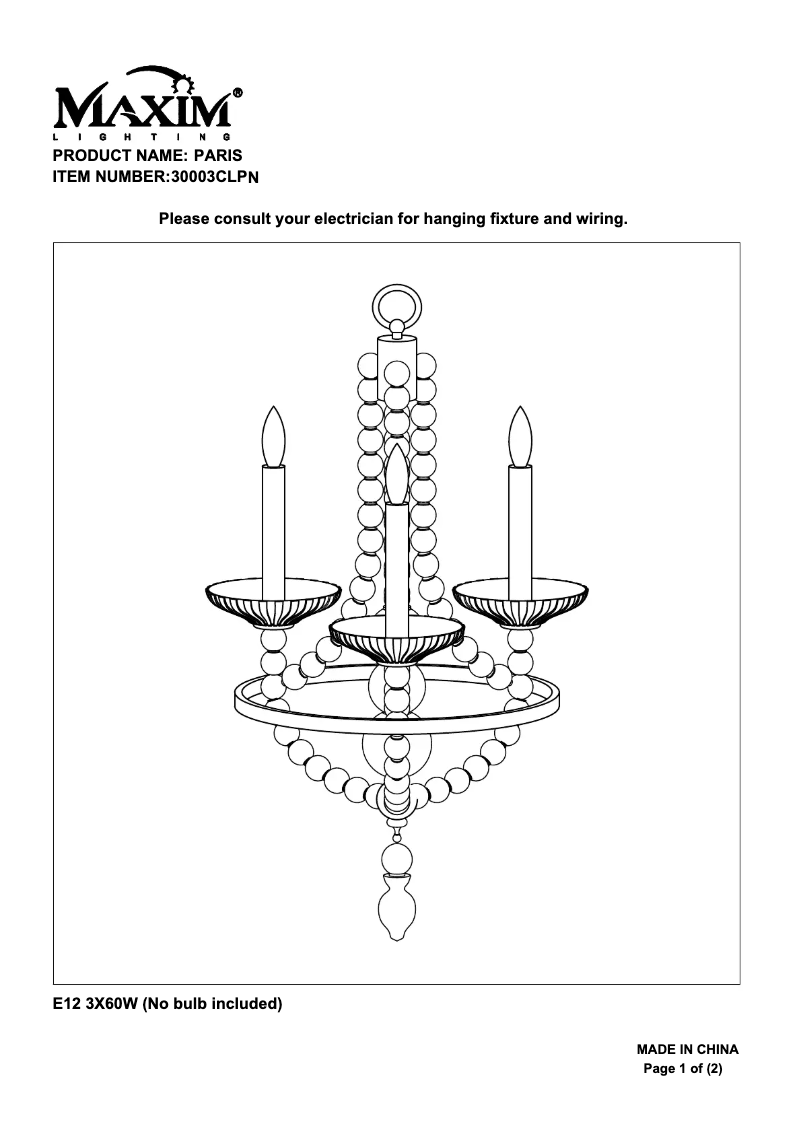 First page image of the manual for Paris 30003CLPN