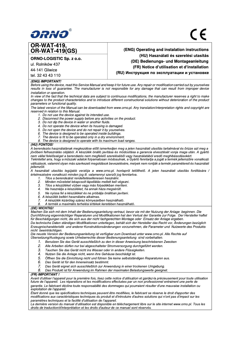 Page 1 of the manual User Manual ORNO OR-WAT-419