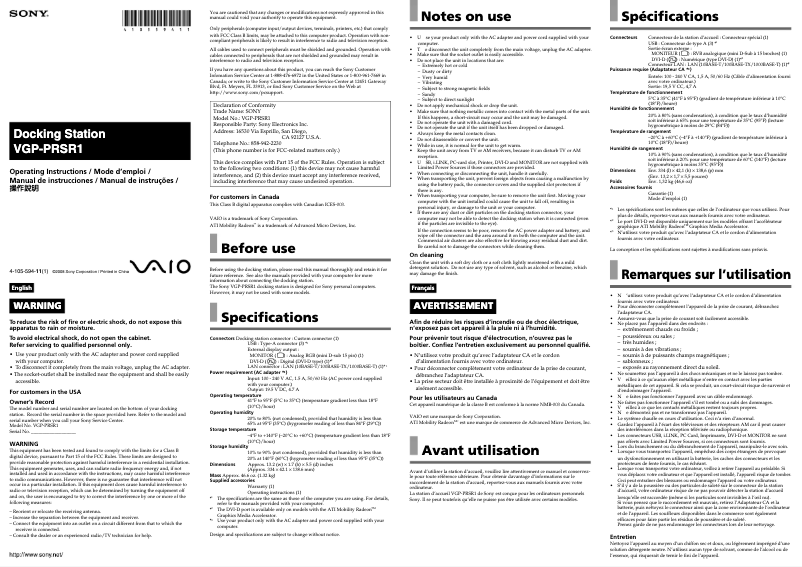 Page 1 of the manual User Manual Sony VGP-PRSR1