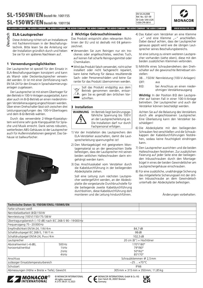 First page image of the manual for SL-150SW/EN