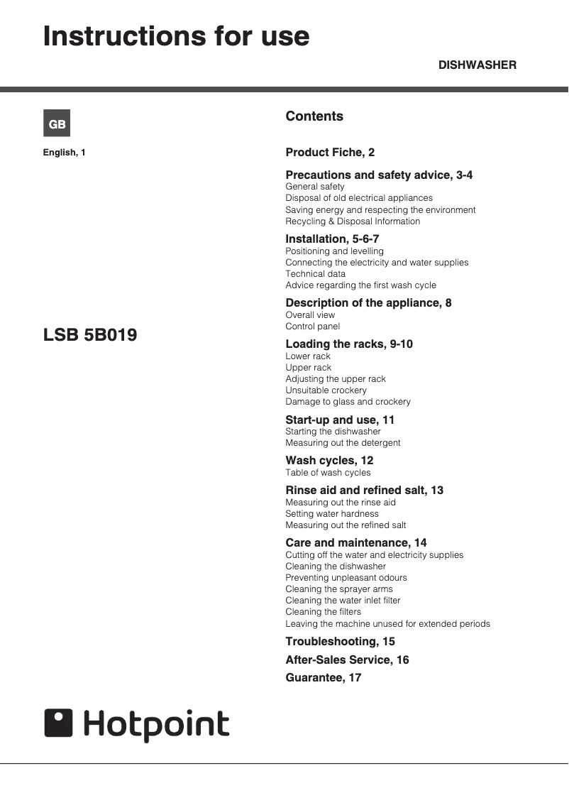 Page 1 of the manual User Manual Hotpoint LSB5B019B