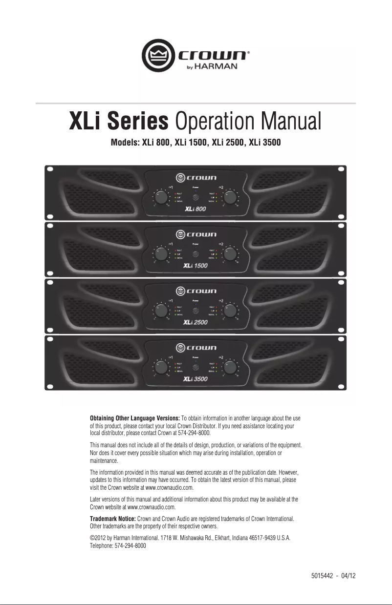 First page image of the manual for XLi 1500