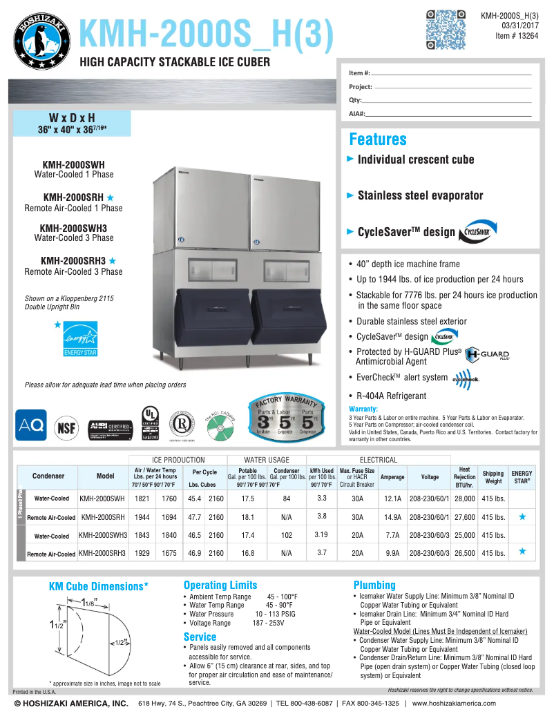 Page 1 of the manual Technical Sheet Hoshizaki KMH-2000SWH