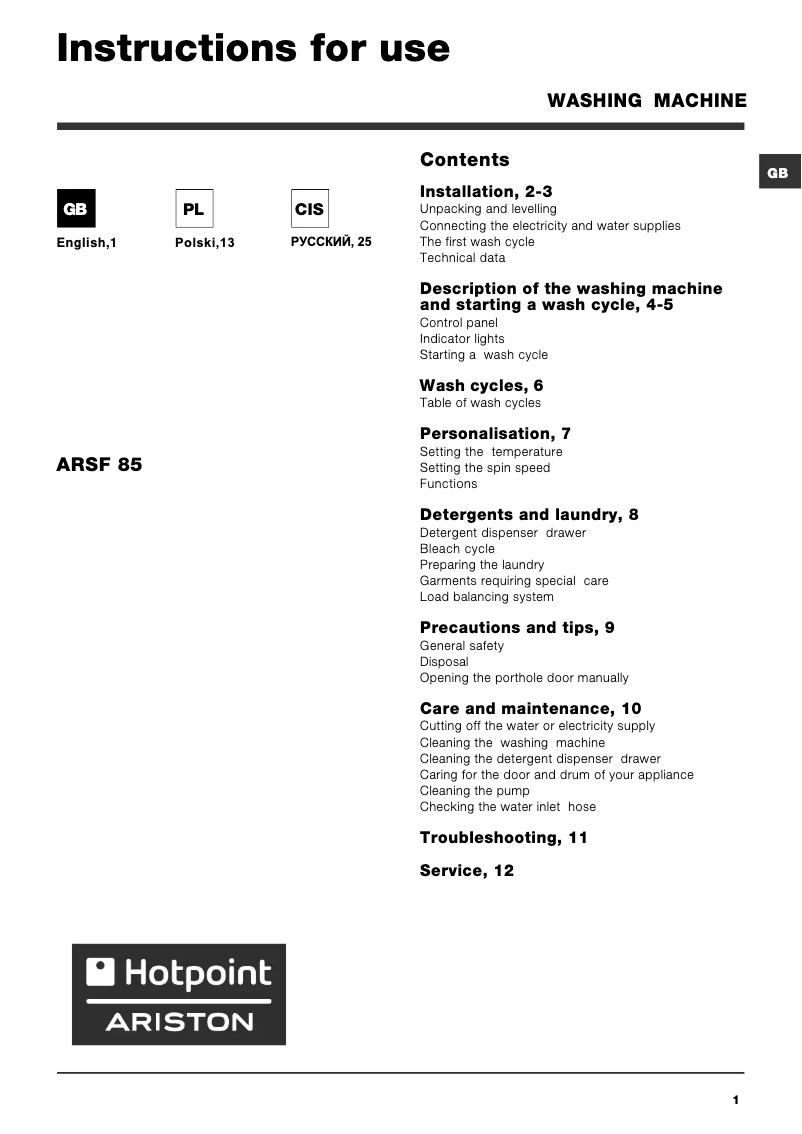 Page 1 of the manual User Manual Hotpoint Ariston ARSF 85 (EU)