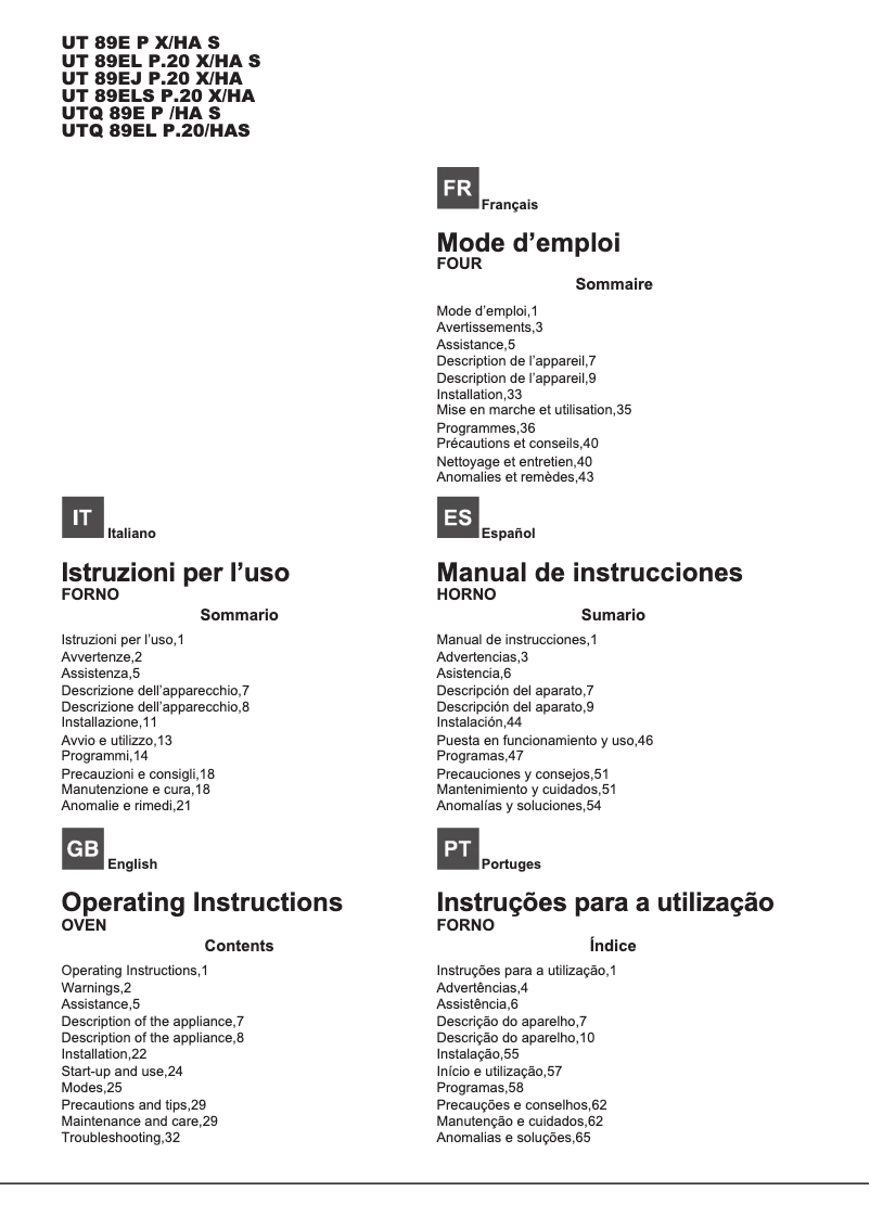 Page 1 of the manual User Manual Hotpoint Ariston UT 89EJ P.20 X/HA