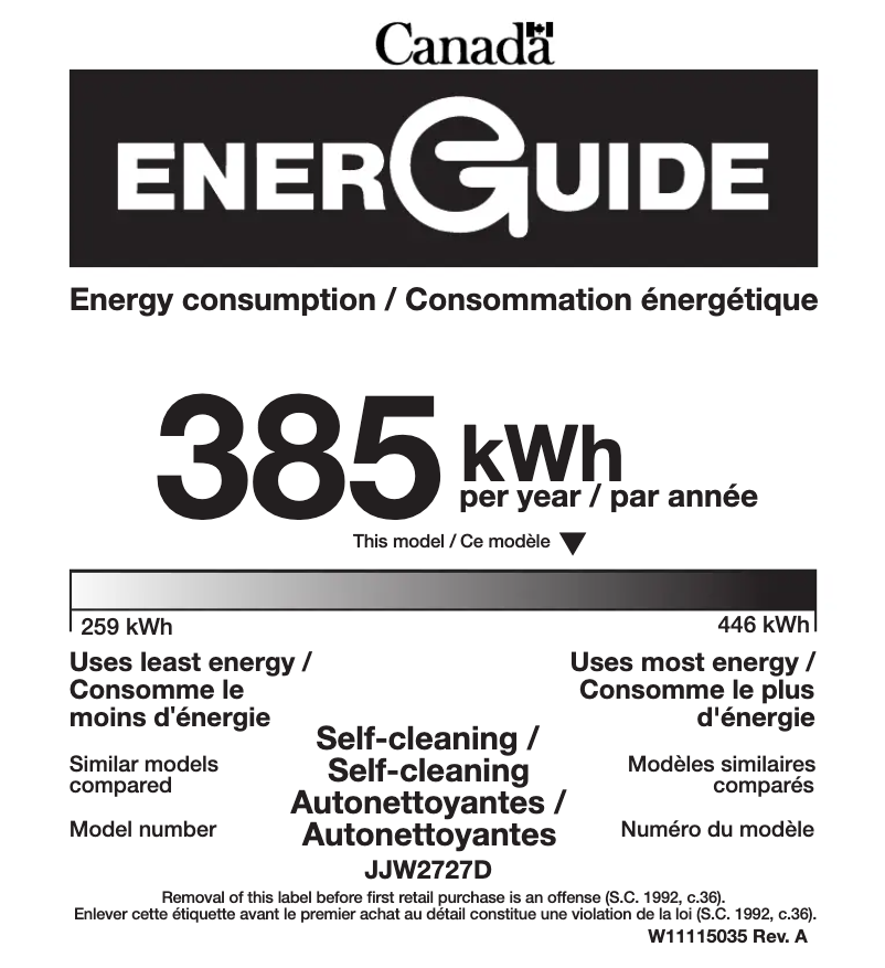 Page 1 of the manual Energy Label JennAir JJW2727DS