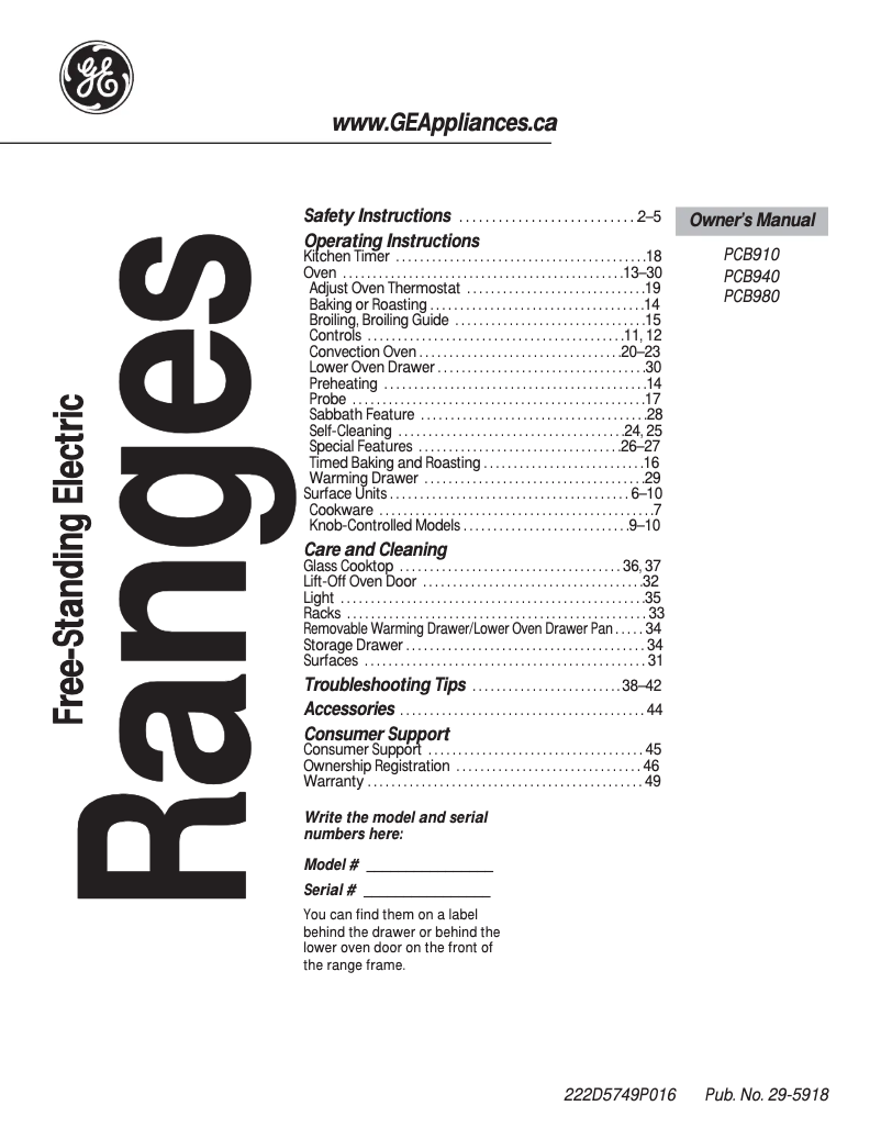 Page 1 of the manual User Manual GE PCB980SFSS