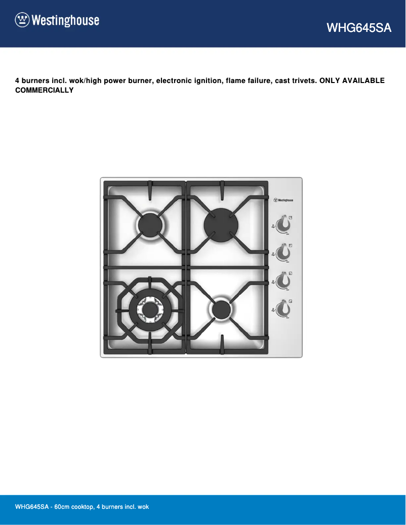 Page 1 of the manual Technical Sheet Westinghouse WHG645SA