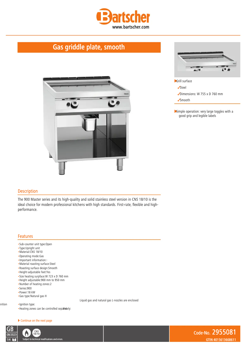 Page 1 of the manual Technical Sheet Bartscher 2955081