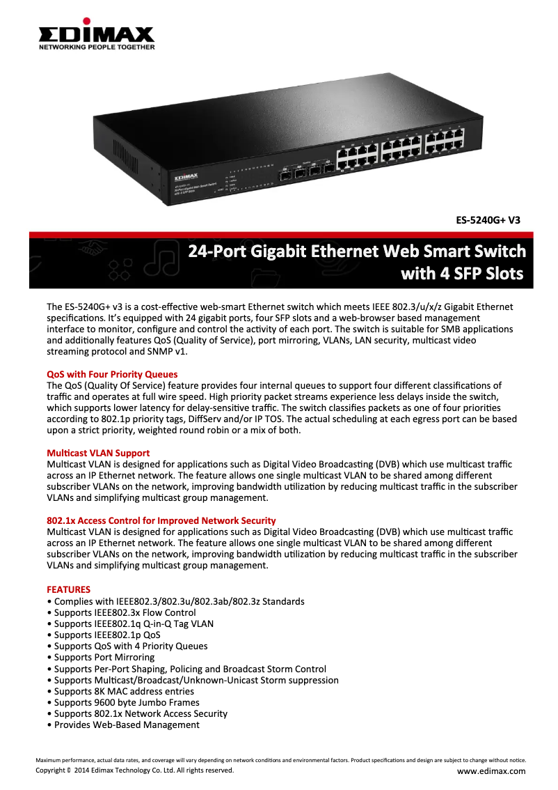 Page 1 of the manual Technical Sheet Edimax ES-5240G+ V3