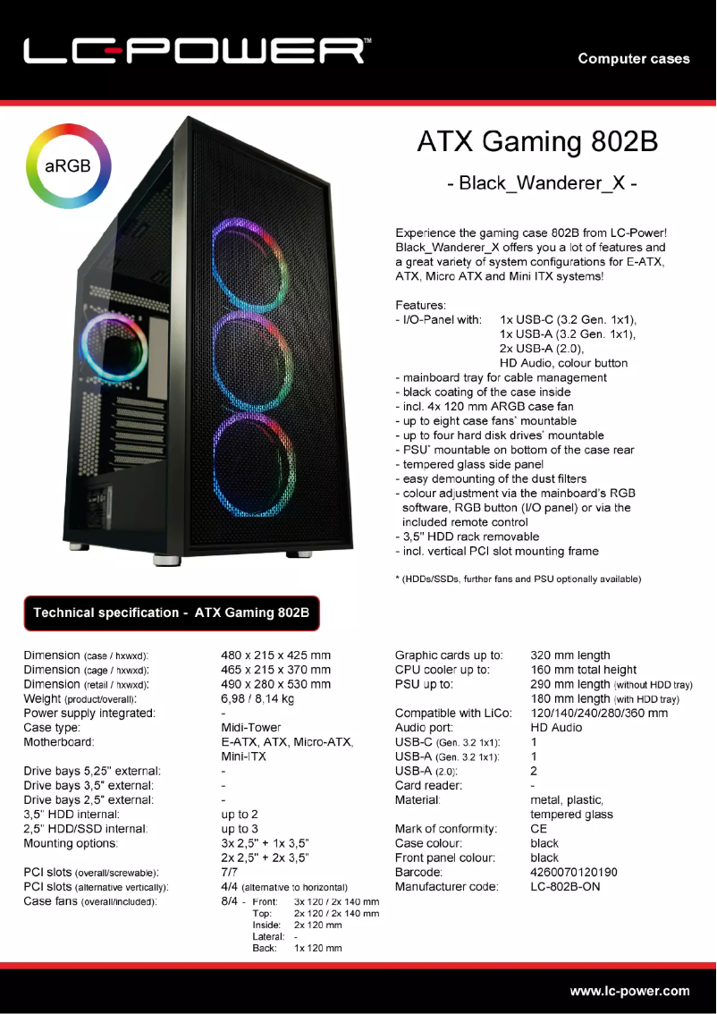 Page 1 of the manual Technical Sheet LC-Power Gaming 802B