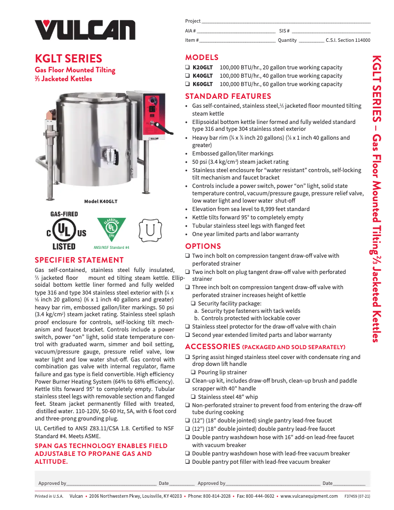Page 1 of the manual Technical Sheet Vulcan K60GLT