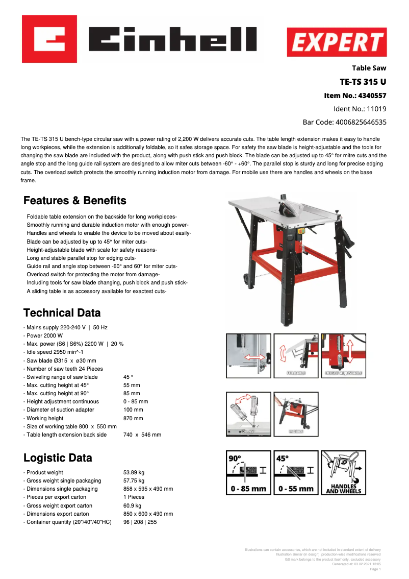 Page 1 of the manual Technical Sheet Einhell TE-TS 315 U