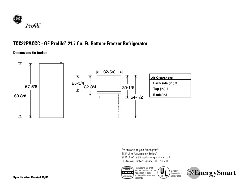 Page 1 of the manual Technical Sheet GE Profile TCX22PACCC