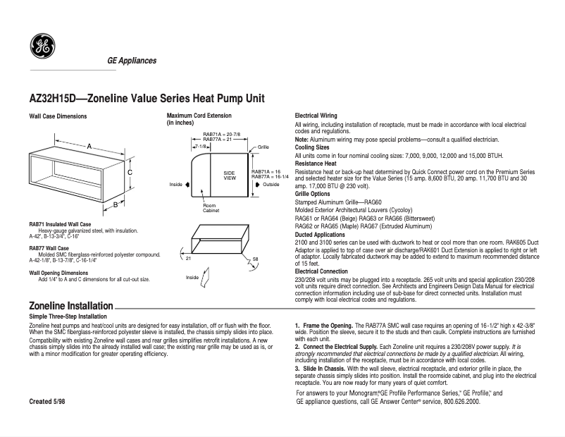 Page 1 of the manual Technical Sheet GE AZ32H15D3D