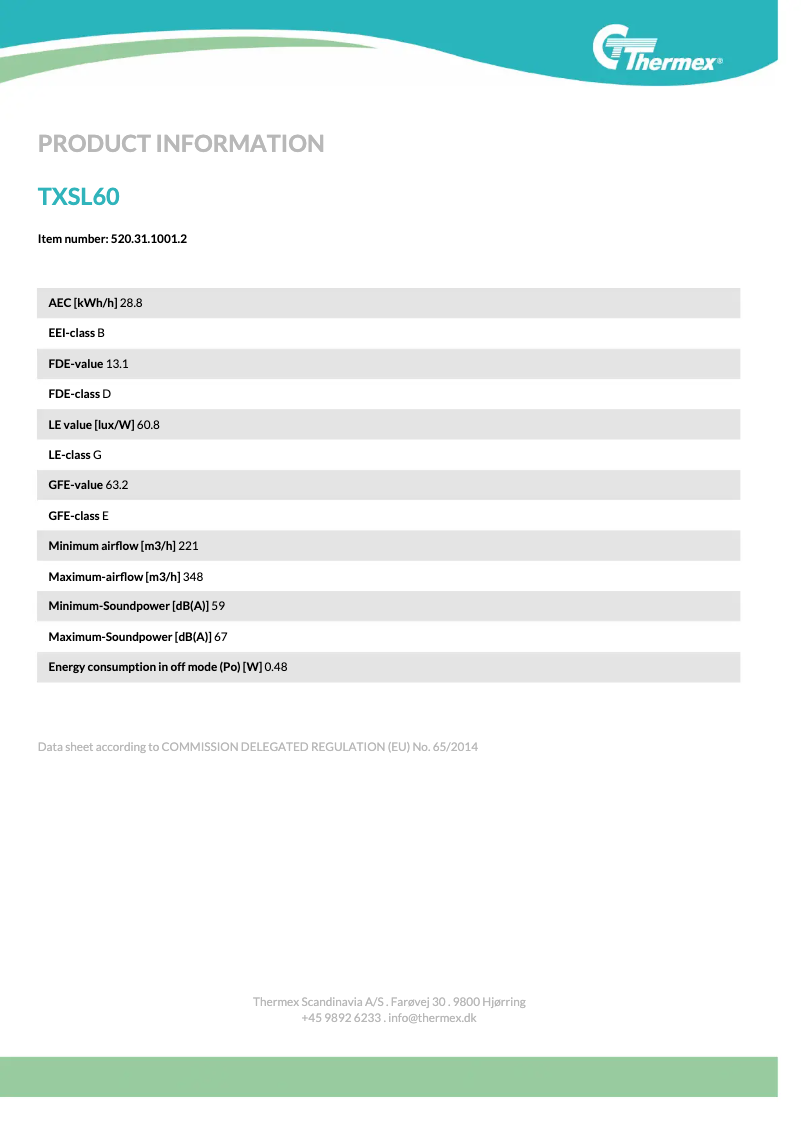 Page 1 of the manual Technical Sheet Thermex TXSL60