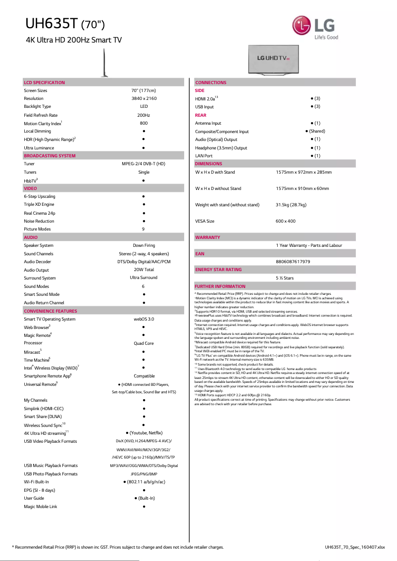 First page image of the manual for 70UH635T