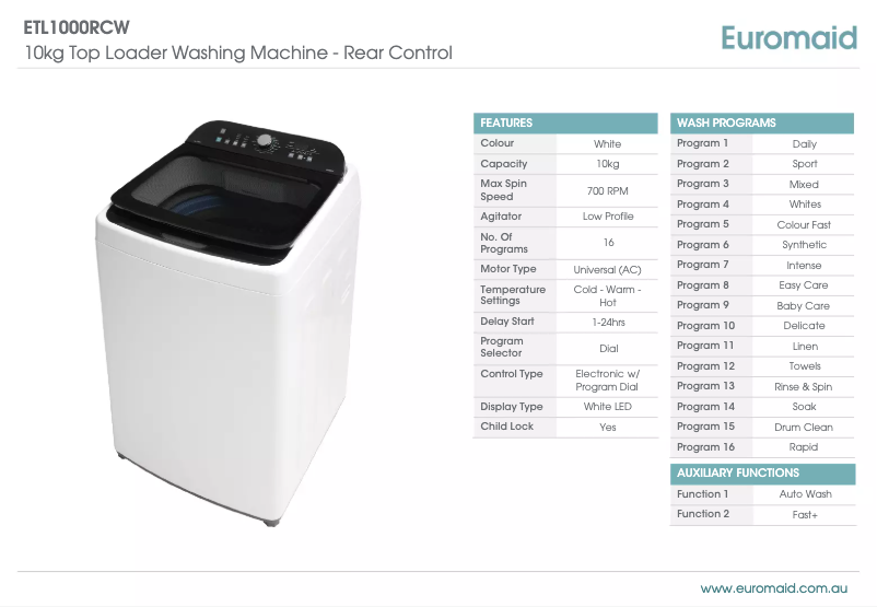 Page 1 of the manual Technical Sheet Euromaid ETL1000RCW
